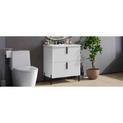 Meuble-lavabo de 30 po avec lavabo en céramique et tiroirs pleine extension, glissières de tiroir encastrées à fermeture en douceur, conception cannelée, blanc
