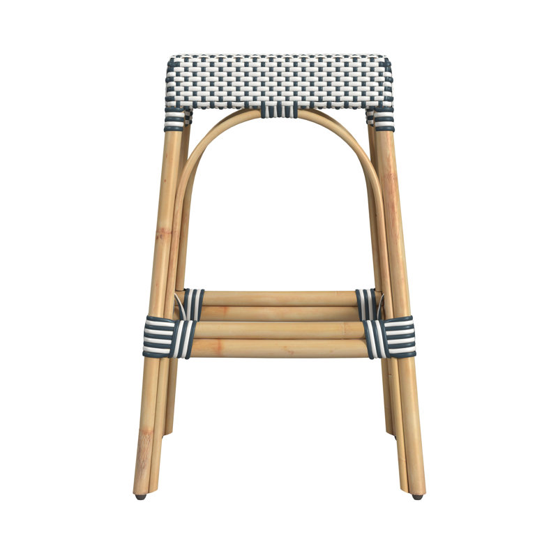 Robias Rattan Bar & Counter Stool, White/Navy Dot/ Natural Rattan Frame, Bar Stool (30" Seat Height)