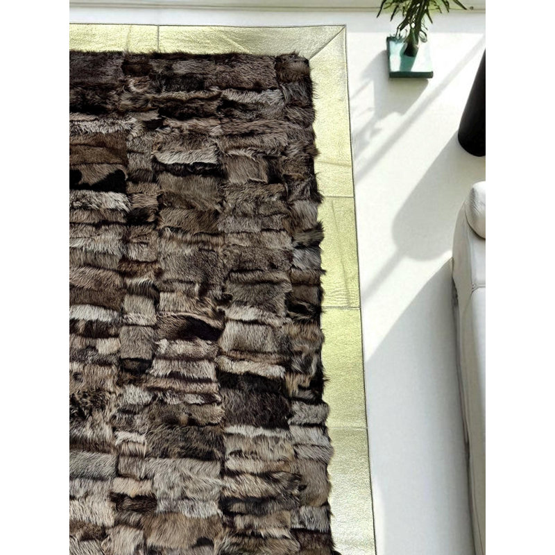 Tapis patchwork en peau de mouton avec bordure dorée, Rectangle de 10 pi x 14 pi