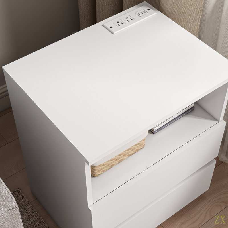 (Ensemble de 2) table de bout avec station de charge USB C rapide, table d'appoint avec canapé à 2 tiroirs, grande armoire de rangement moderne en bois pour le salon, la chambre à coucher, le bureau