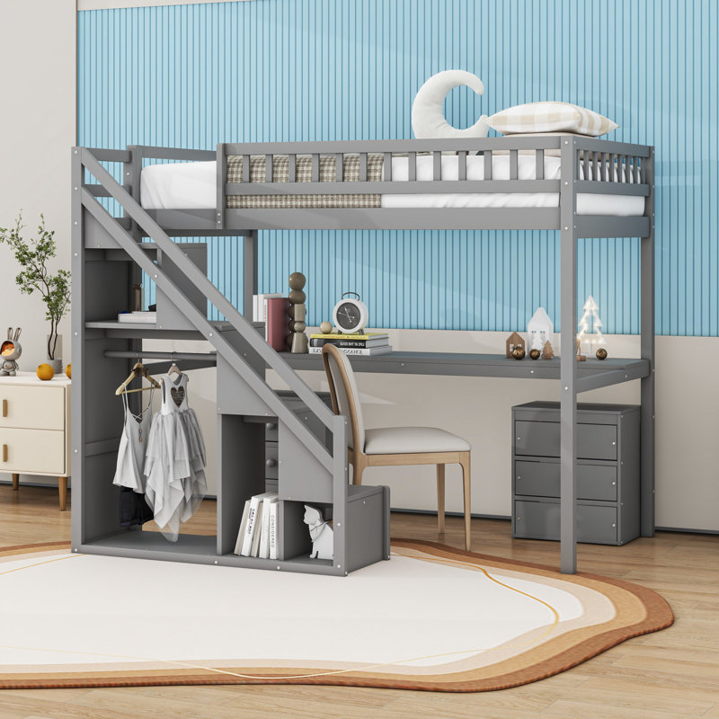 Lit mezzanine en bois avec escalier, tiroirs, éclairage à DEL et bureau multifonctionnel, Gris, Simple