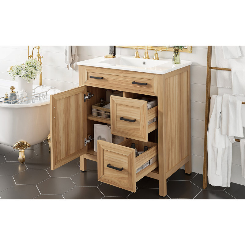 Meuble-lavabo de 30 po en bois avec cadre en bois massif, 1 porte à fermeture douce, 2 tiroirs à fermeture douce, tablette réglable, armoire de rangement moderne