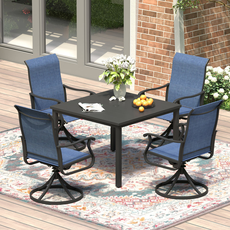 4-Person Patio dining set with Square Metal Dining Table and PVC-coated polyester Swivel Chairs, Navy/Black