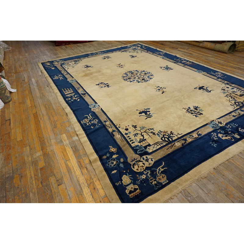 Knotted Wool Chinese Ivory Antique Room Size 1920s Rectangle - Peking Rug
