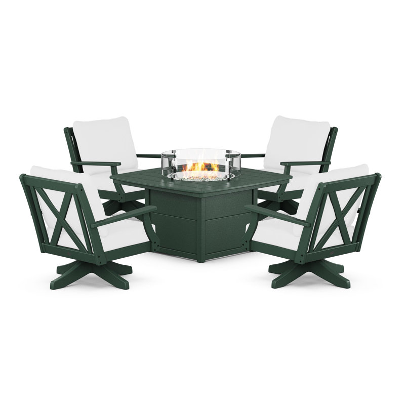 Braxton 5-Piece Deep Seating Swivel Conversation Set with Fire Pit Table, Black, Dune Burlap