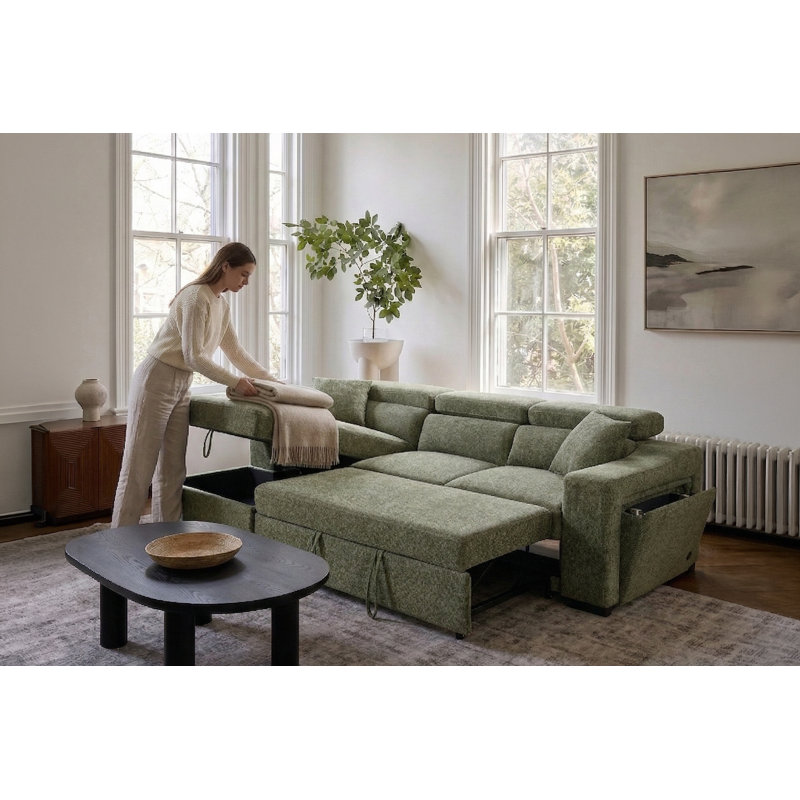 4 Seater Sofa Bed, Right Hand Facing, Gray Polyester