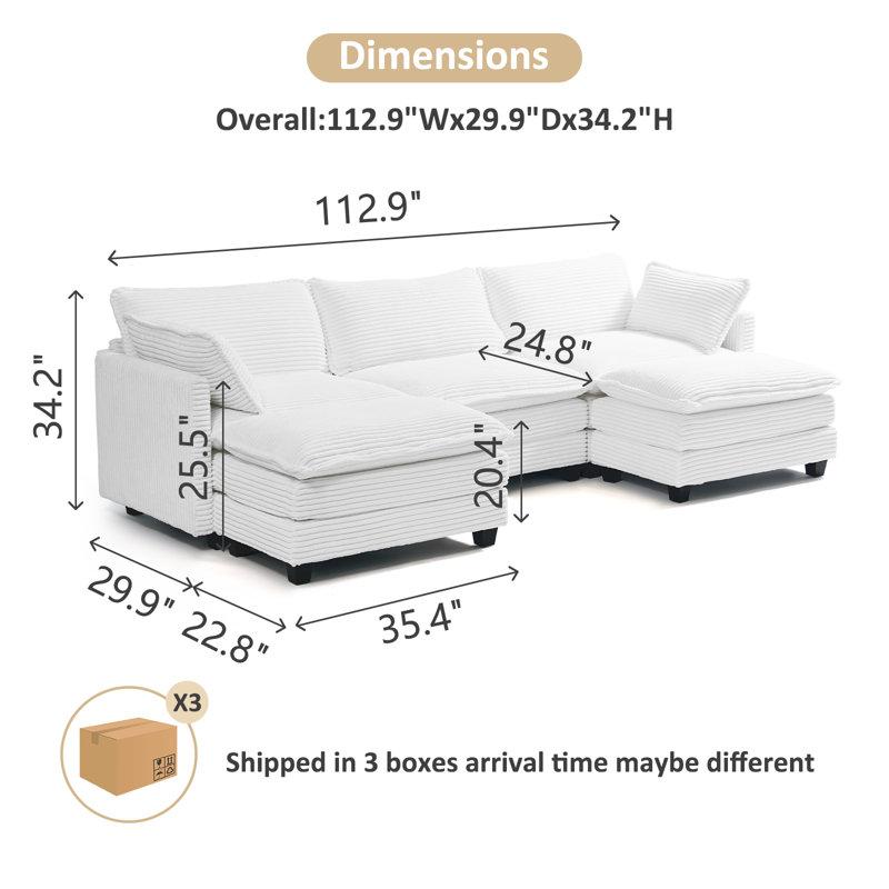 Canapé modulaire en velours côtelé avec assise profonde et canapé modulaire surdimensionné à 3 places en U avec repose-pieds double mobile