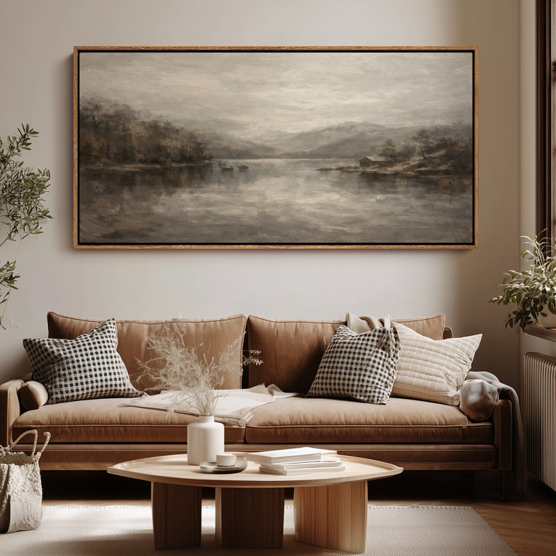 «Extra Large Misty Lake Forest Landscape», reproduction d'art sur toile encadrée, H 30 po x l 60 po, Naturel