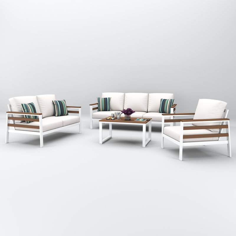 Townsend 4 Person Seating Group With Sunbrella Cushions, Brown, Canvas White