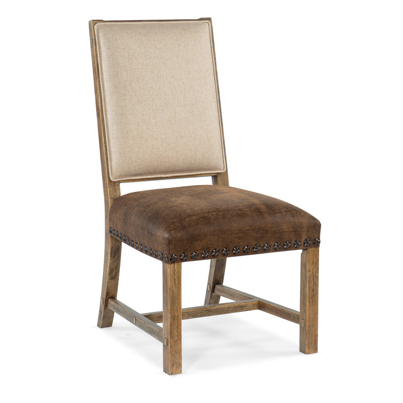 Brown Leather and Cream Upholstered Wood Side Chair