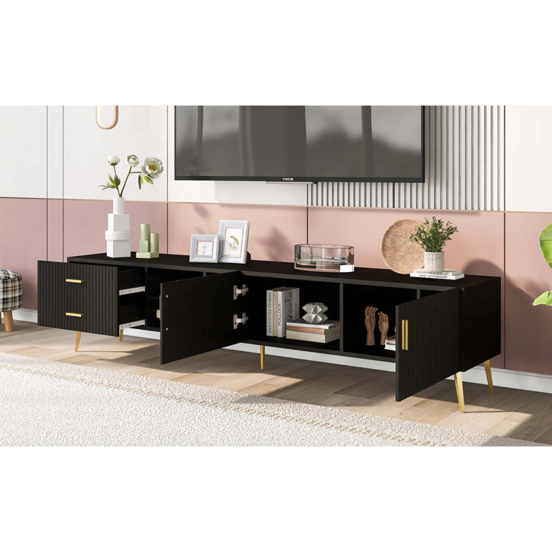 Meuble télé moderne avec 5 pieds champagne, téléviseurs de rangement durables, élégants, spacieux et polyvalents, Noir