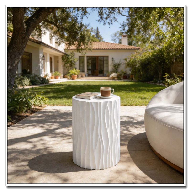 Modern White Outdoor Side Table with Wavy Fluted Design