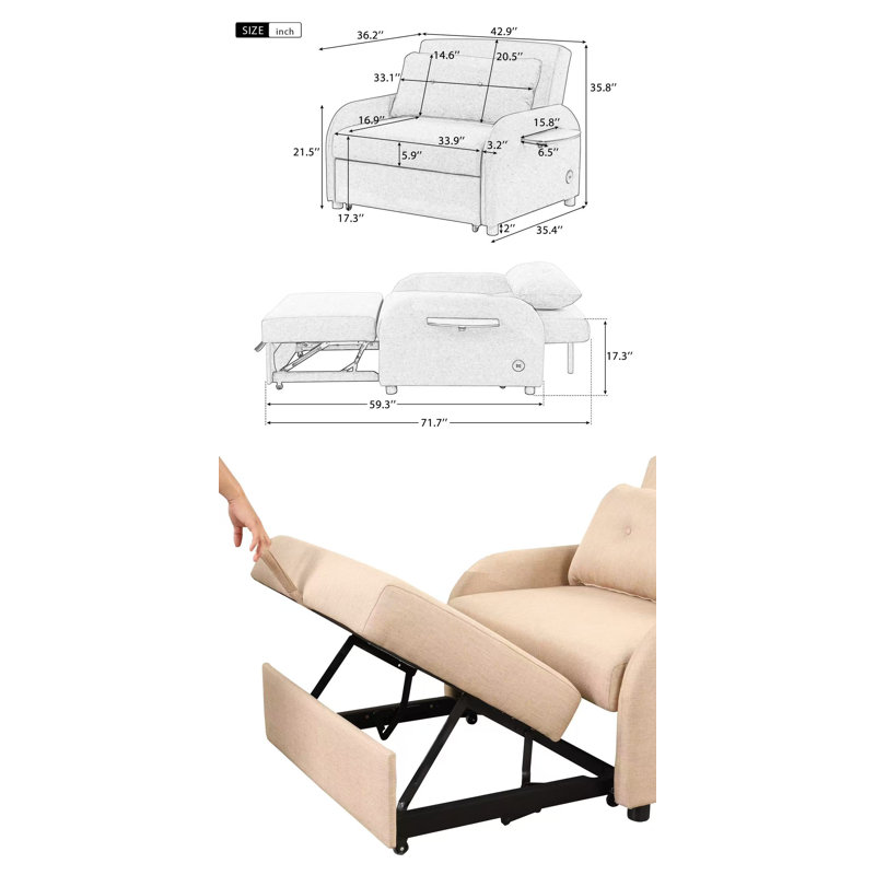Pull Out Sofa Sleeper 3 In 1 With 2Wing Table And Usb Charge For Living Room, Recreation Room,, Beige