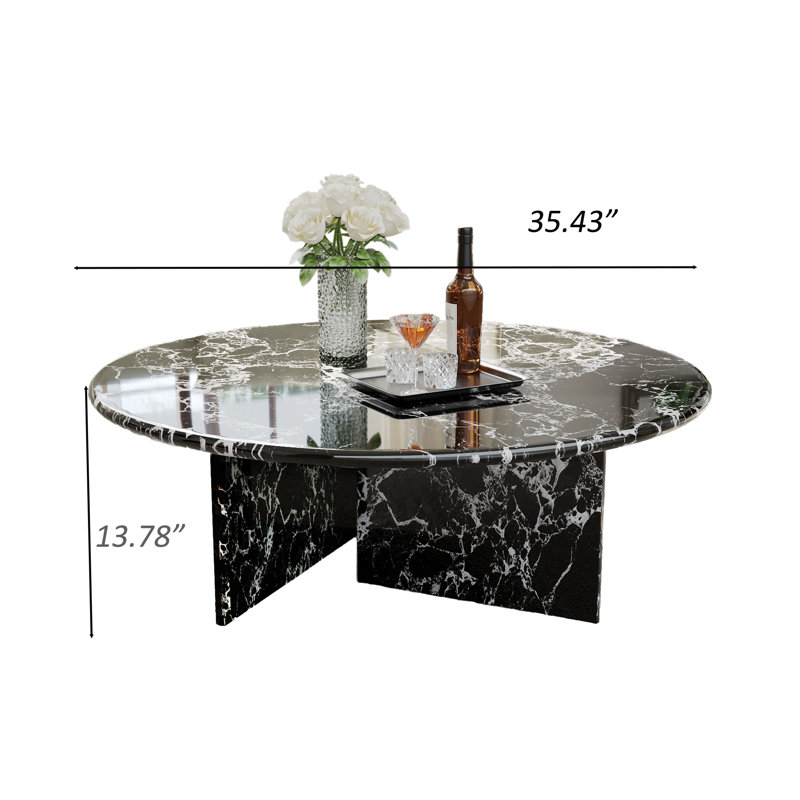 Table basse ronde moderne 35,43 po, plateau en faux marbre brillant, Noir