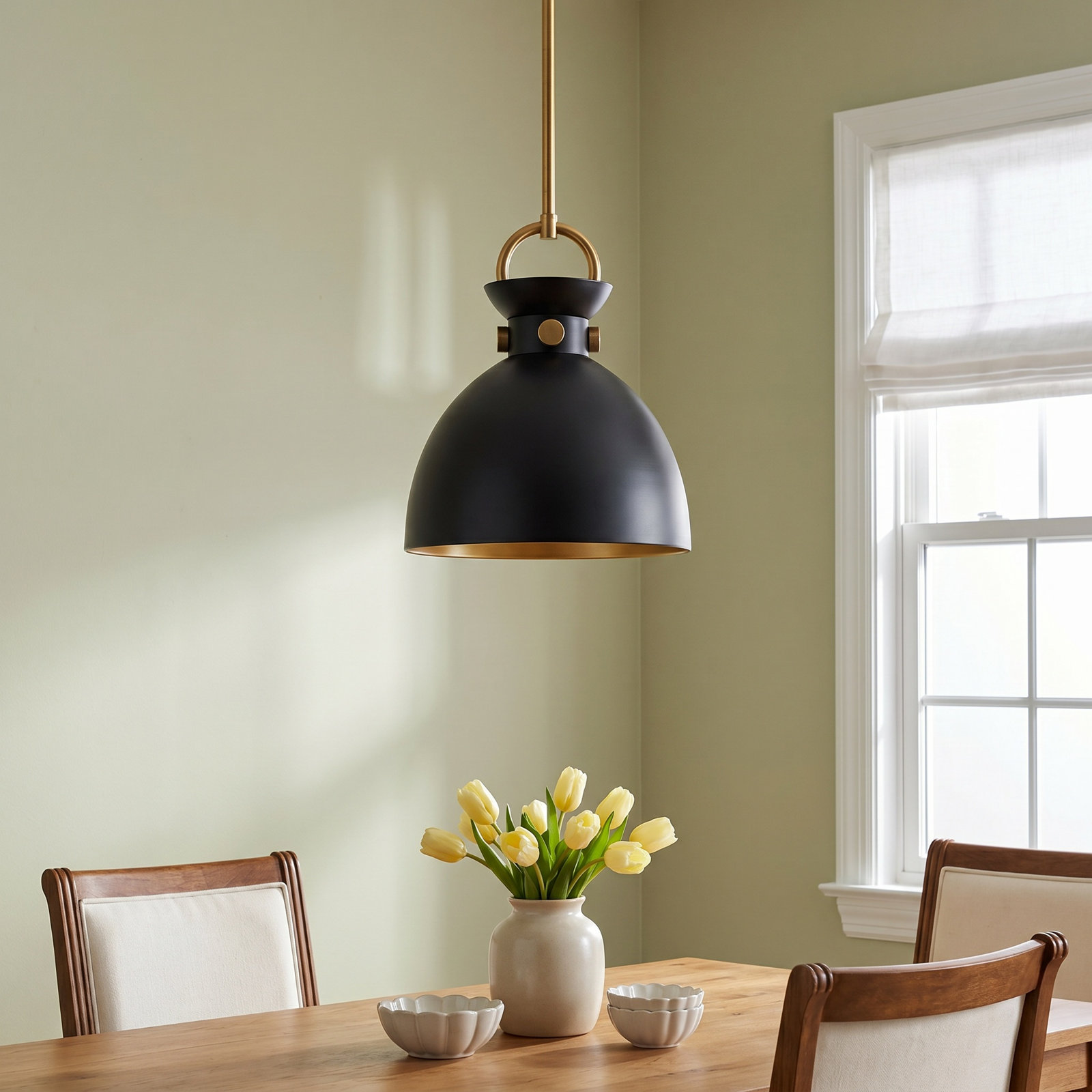 Tinka Single Light Metal Steel Pendant, Aged Gold, Matte Black, 12.75" H x 10.5" W x 10.5" D
