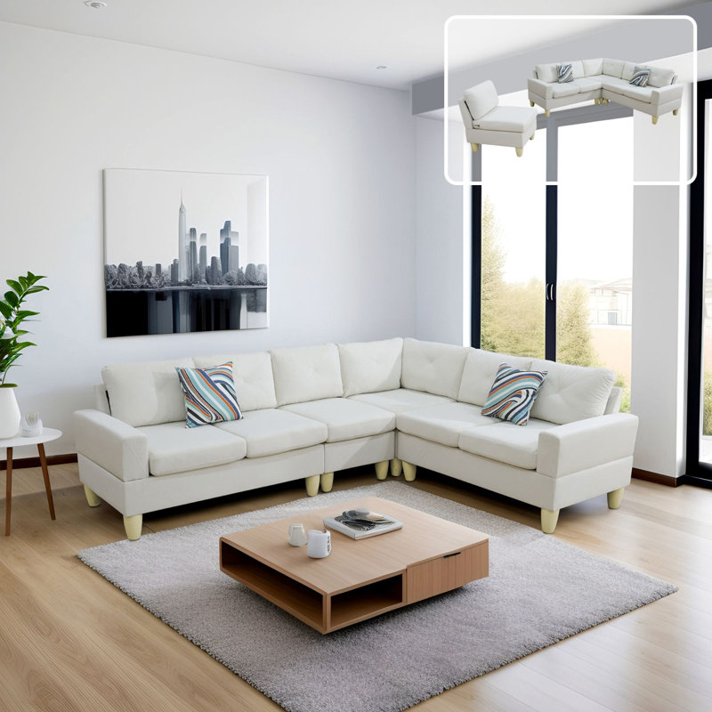 Canapé modulaire 4 pièces Gwenetta, Velours crème, Naturel
