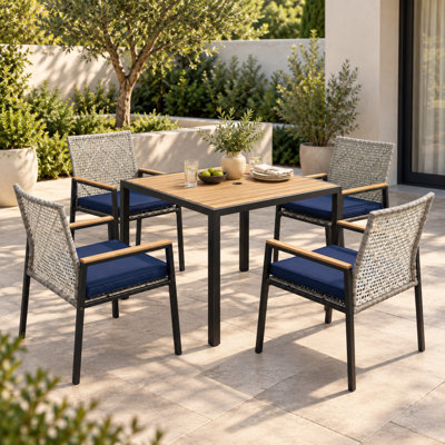 4-Person Patio Dining Set with Acacia Wood Table and Umbrella Hole
