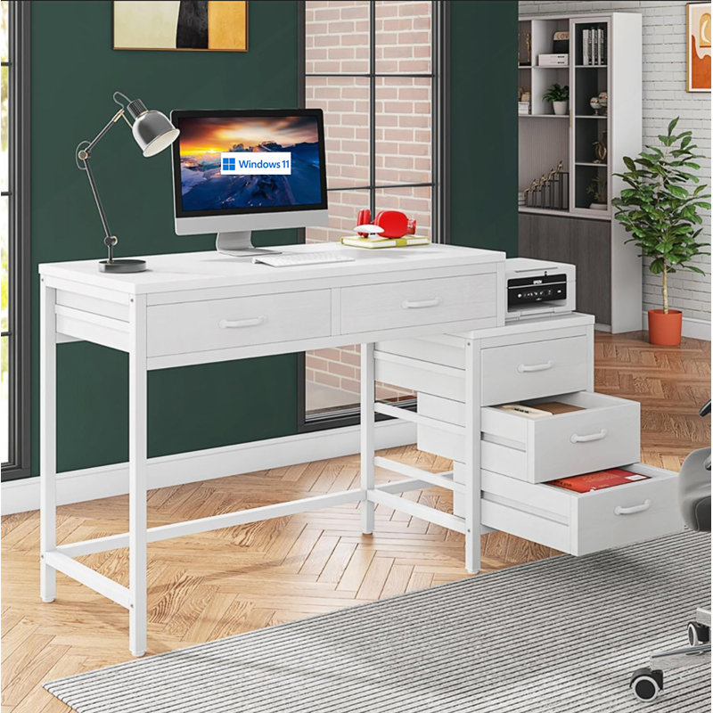 Reversible Computer Desk with 5 Drawers and File Cabinet, Rustic Home Office Desk with Printer Stand