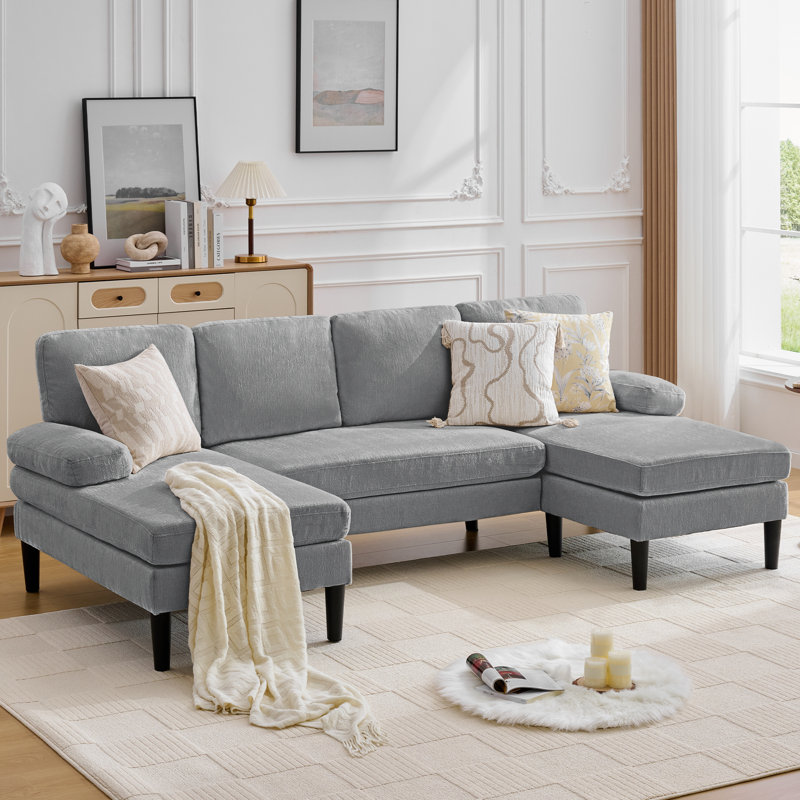 Sectional Couches , U Shaped Sofa Couch with Double Chaise Lounge, 4-Seat Sofa Set with Chenille Fabric for Livingroom