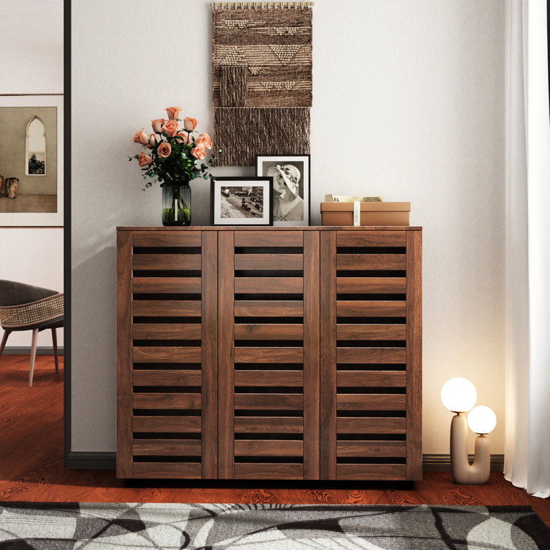 Range-chaussures polyvalent avec tablettes réglables et meilleure ventilation pour la maison, Noyer