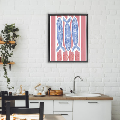 Cadre flottant de sardines Americana sur rayures roses, design par Nola James