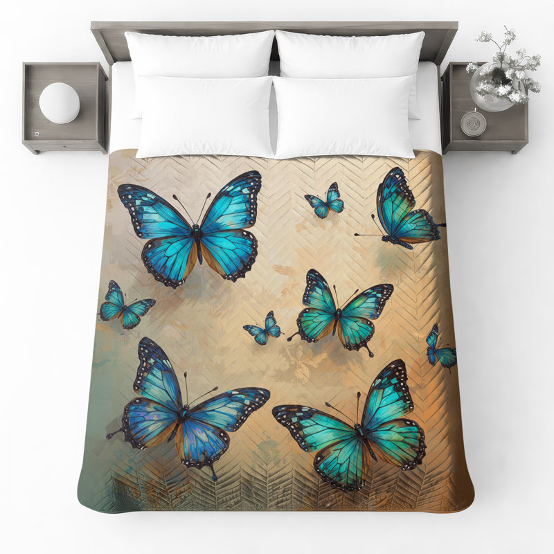 Couvre-lit matelassé bleu orange et papillons toutes tailles, Très grand lit