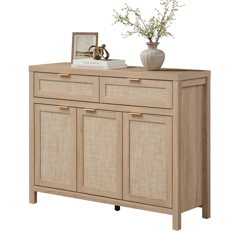 Buffet en rotin à 2 tiroirs et 3 portes l 43,39 po avec tablettes réglables, Chêne clair
