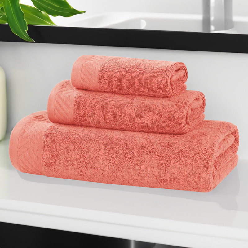 Olender Certified Egyptian Cotton Medium Weight Textured Soft Absorbent Solid 3 Piece Assorted Bathroom Towel Set, Coral