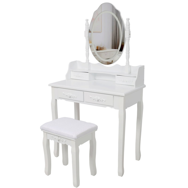 Vanity Desk Set With LED Light Mirror And Cushioned Stool For Bedroom, White
