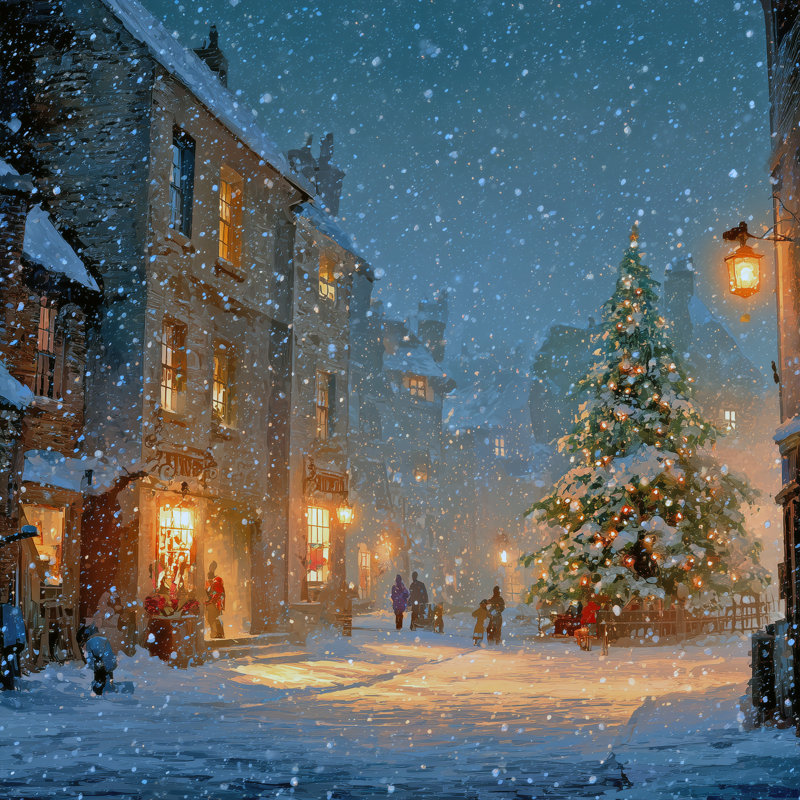 «Snowy Village Evening Glow», art mural sur toile tendue, 12 po x 12 po