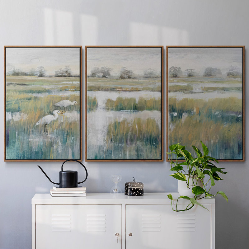 Marshland View V, ensemble de 3 toiles encadrées, Cadre noyer, H 36 po x l 75 po x P 2 po