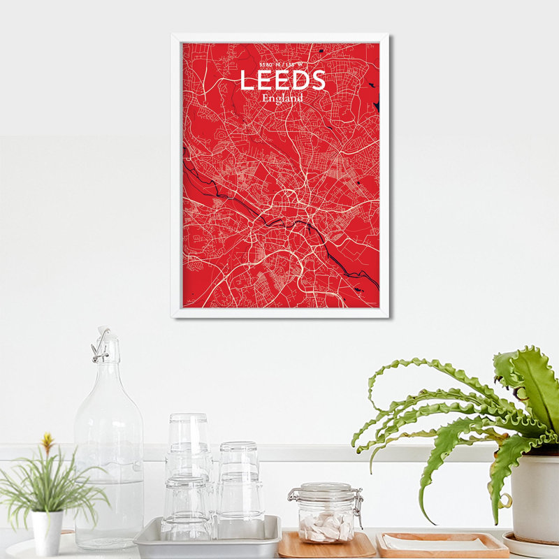 Carte de la ville de Leeds, impression, Rouge / bleu marine, H 24 po x l 18 po