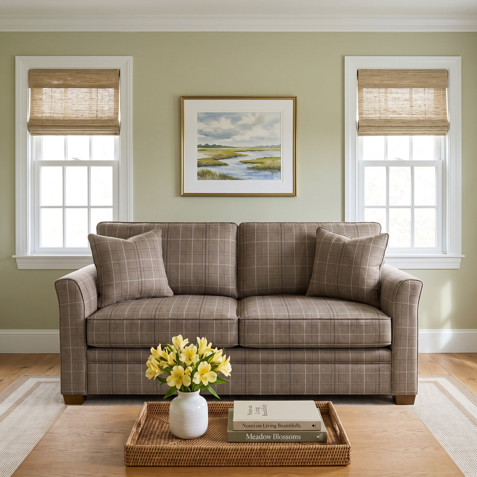 Bridgeport 85'' Upholstered Sofa, Havana Finish, Taupe Plaid; 0126-73