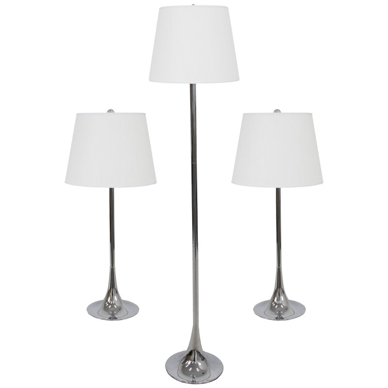 Modern Splendor 3-Piece Floor and Table Lamp Set, Silver with White Shade