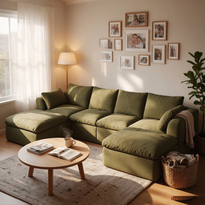 Canapé d'angle 4 places en lin vert avec 2 poufs, canapé modulable rembourré