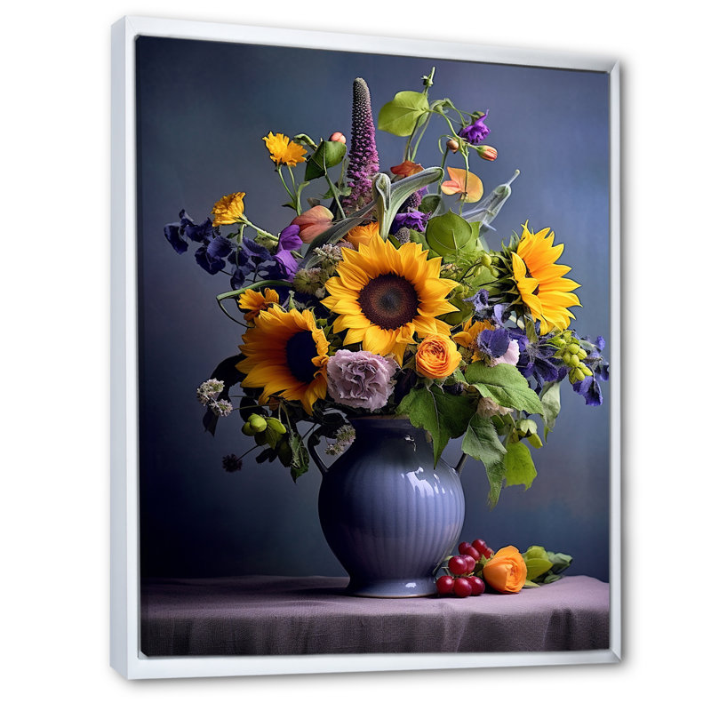 Nature morte avec des tournesols dans un vase I - impression, H 32 po x l 16 po x P 1 po, Cadre flottant blanc