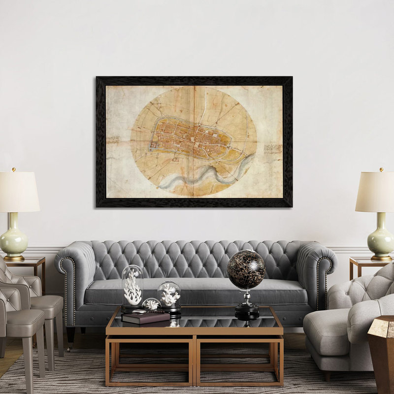 Map Of Imola, 1502 by Leonardo Da Vinci - Floater Frame Print on Canvas, Black, 66.04 cm H x 45.72 cm W
