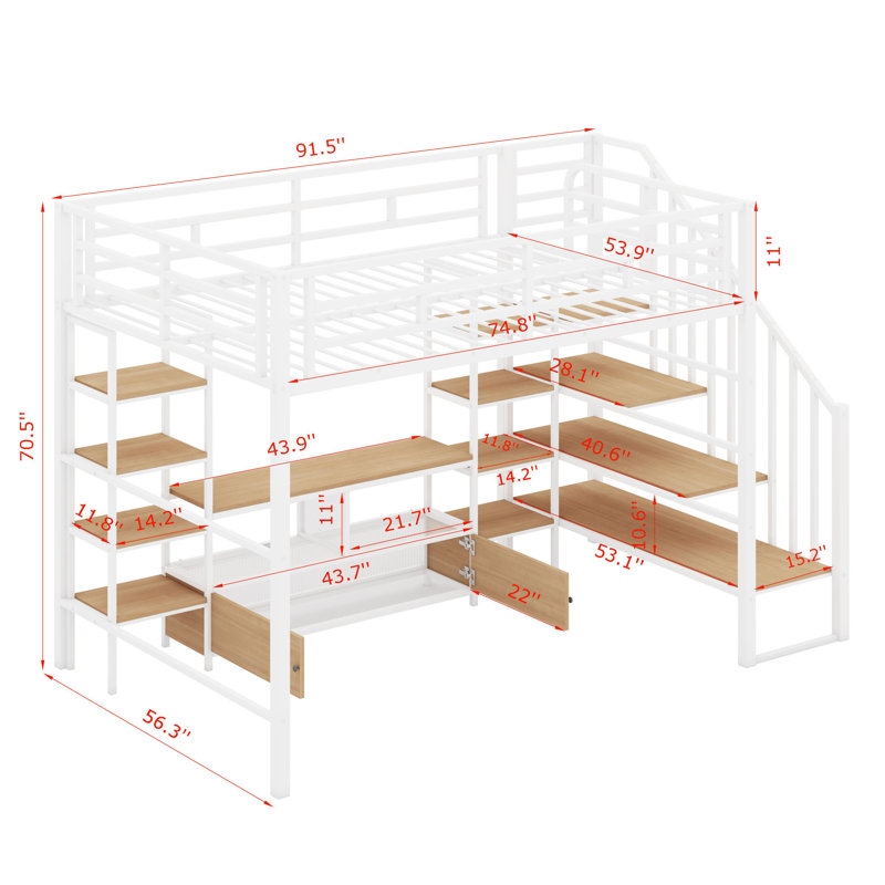 Lit mezzanine double en métal avec escalier, table de rangement basse et tablettes de rangement, Blanc