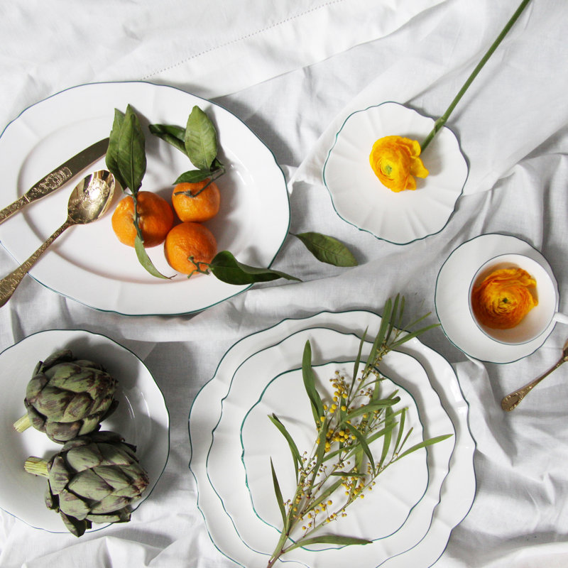 Amelie White and Green Ceramic Salad Serving Bowl