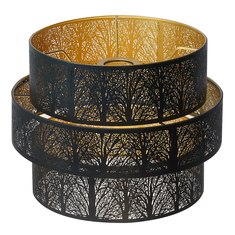 3-Tier Drum Metal Lampshade Metal Lamp Shades for Floor Lamps Pendant13'' Width x 10'' High, UNO Fitter, Chandelier Replacement with Forest Tree Design, Black Gold Lamphades
