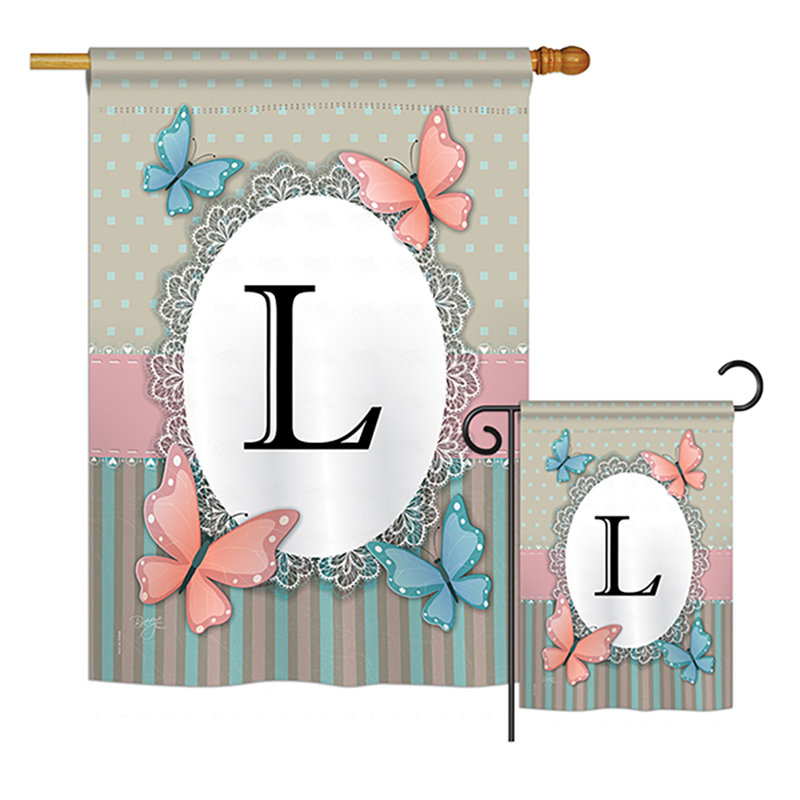 « papillons a initials », drapeau de jardin initial et grenouilles, ensemble de 2 côtés en polyester vertical décoratif, L
