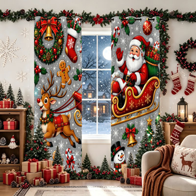 2Pcs Noël père Noël renne bonhomme de neige rideaux occultant, rideaux de fenêtre isolants thermiques pour le salon chambre à coucher