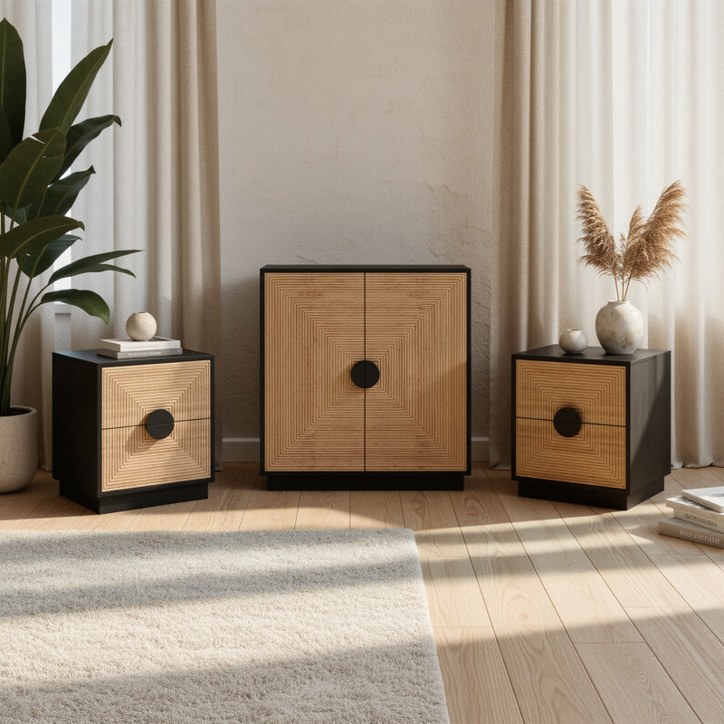 Ensemble de chambre à coucher 3 pièces, armoire d'appoint avec 2 portes et ensemble de table de chevet de 2 pièces
