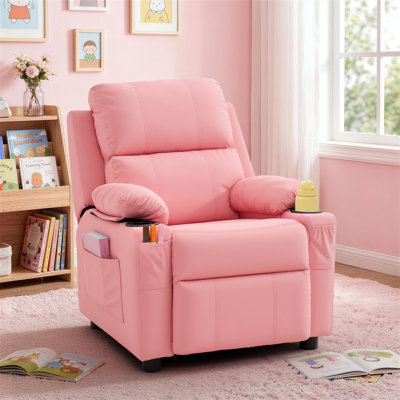 Kids Recliner Chair, PU Leather Recliner with Cup Holders, Kid Recliner Sofa with Footrest, Push Back Child Reclining Chair with Side Pockets for Children Boys Girls Room