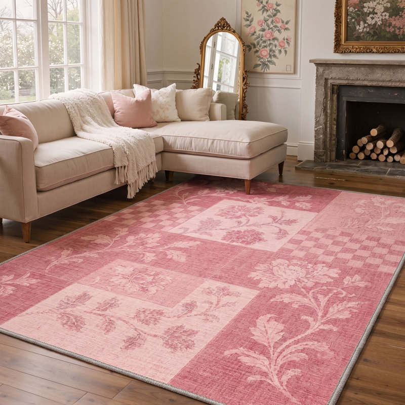 Tapis rose / ivoire en patchwork lavable à la machine avec envers antidérapant, Rectangle 9 pi x 12 pi