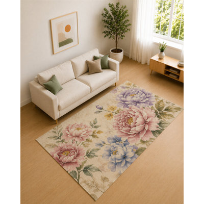 Tapis de jardin pivoine rose et beige 5 pi x 7 pi «Ultra Light Poids» pour le salon, tapis doux à poils courts avec envers en silicone antidérapant, décoration pour la chambre à coucher et le bureau personnel