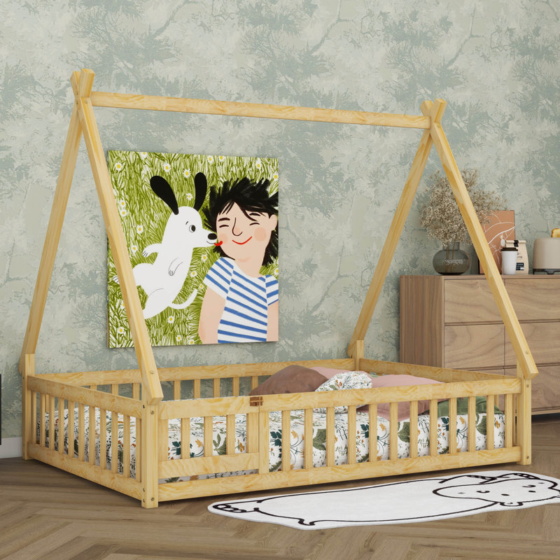 Cadre de lit cabane avec barrière et porte, lit Montessori en bois avec sommier à lattes, Double, Naturel