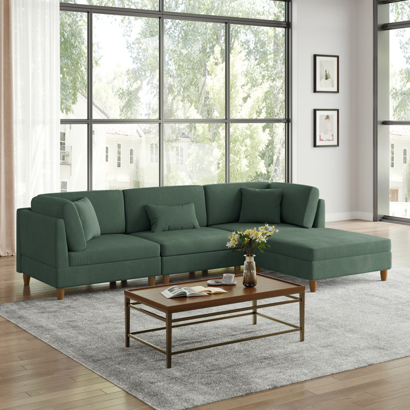 Seemab 4 - Piece Upholstered Hunter Green Corduroy Modular Sectional with Pillow Back and Removable Ottoman