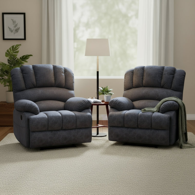 Large Manual Recliner Velvet Manual Recliner With Storage Pockets（Set Of 2), Black Gray