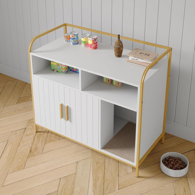 Hidden Cat Litter Box Furniture with Double Doors & Storage, Side Entrance with Scratching Mat, Air Vents
